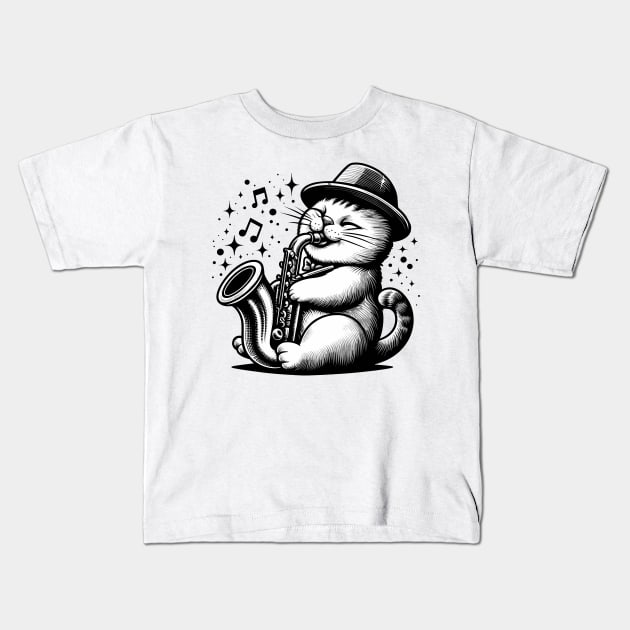 Cat Playing Saxophone Kids T-Shirt by fantastico.studio